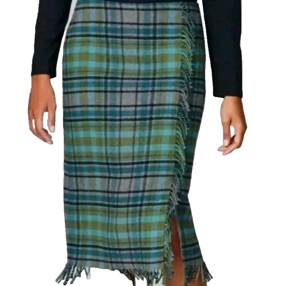NWT J Jill Womens Plaid Skirt Sz 8P Green Gray Wool Blend Tartan Fringe Academia